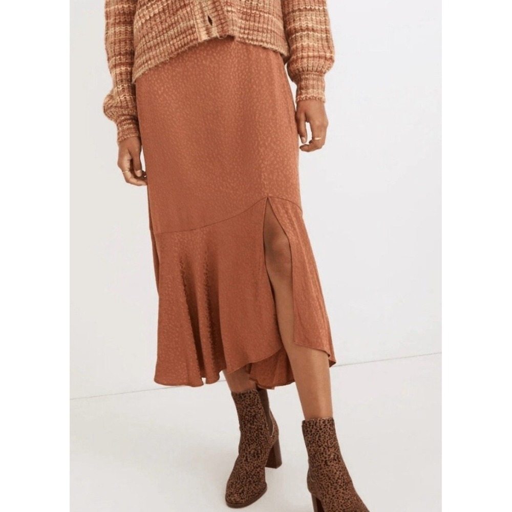Madewell Flounce Hem Midi‎ Skirt Cheetah Jacquard Brown 6 Fall Workwear Party